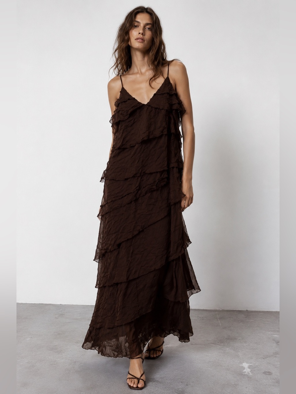 ZARA Brown Tiered Silky Ruffle Maxi Dress Spaghetti Strap Y2K Boho Large